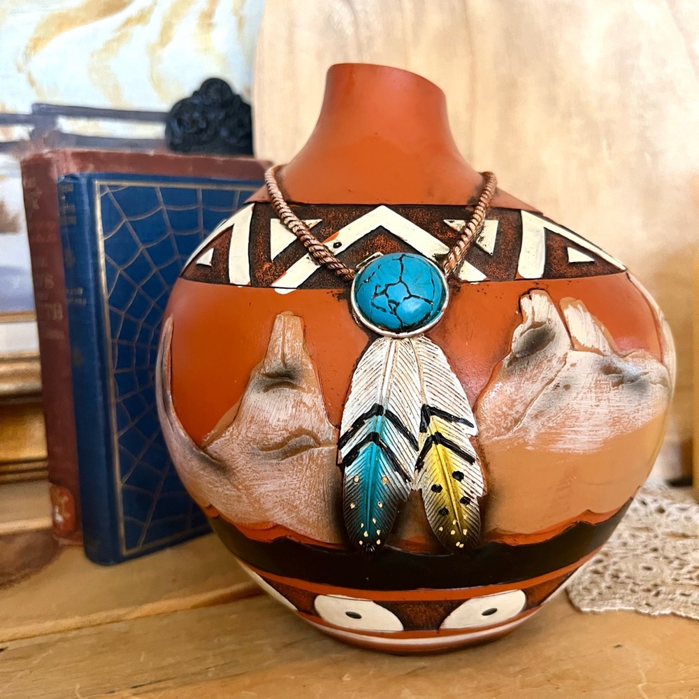 South West Boho Hand Painted Rustic Floral Vase Countertop Aztec Maya Feathers